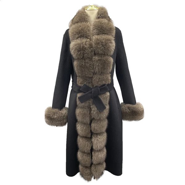 Misto lana da donna JANEFUR Cappotto invernale lungo in cashmere con finiture in vera pelliccia 2023 Moda di lusso con cintura Naturale 231116