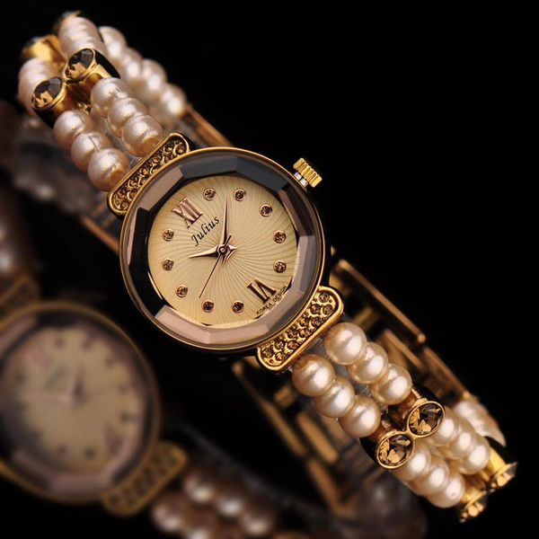 Armbanduhren Kleine Julius Lady Damenuhr Japan Quarz Stunden Mode Uhr Armband Simulierte Perle Elastisches Seil Mädchen Geschenk Keine Box