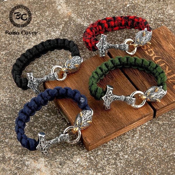 Manschette Viking Nordic Celtic Wolf Armbänder Männer Paracord Seil Edelstahl Hammer Überleben Armband Skandinavischen Amulett Männlichen Schmuck 231116