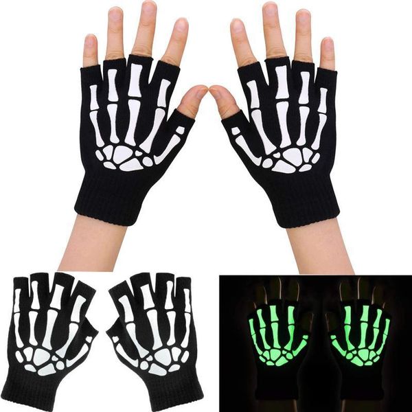 Спортивные перчатки унисекс взрослые скелетные скелетные скелеты Halloween Galf Finger Gloves светятся в темных вязаных велосипедных перчатках без пальцев 230414