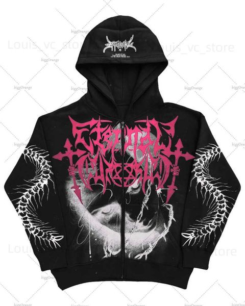 Erkek Hoodies Sweatshirts Amerikan Koyu Tarzı Yüksek Sokak Giyim Baskılı Gevşek fermuar Hoodie Erkekler Y2K Gotik Punk Rock Gündelik Büyük Boyu Sweatshirt Kadın T231117