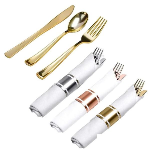 Stoviglie usa e getta Stoviglie usa e getta 25 pezzi Tovagliolo e posate pre-arrotolati Set Stoviglie di plastica Oro Rosegold Sierware Compleanno Dhobl