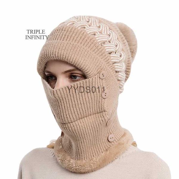 Beanie/Totenkopfkappen 2023 Wintermütze mit Flaum gefüttert, winddicht, warm, Skullies-Mützen, Outdoor-Nackenschutz-Set, dick gestrickte Wollhauben für Frauen YQ231117