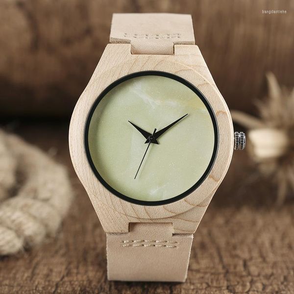 Orologi da polso Verde chiaro Nessuna parola Quadrante Orologio in legno Whitening Bamboo Minimalista Analogico Vera pelle Novità Orologio online Reloj De Madera