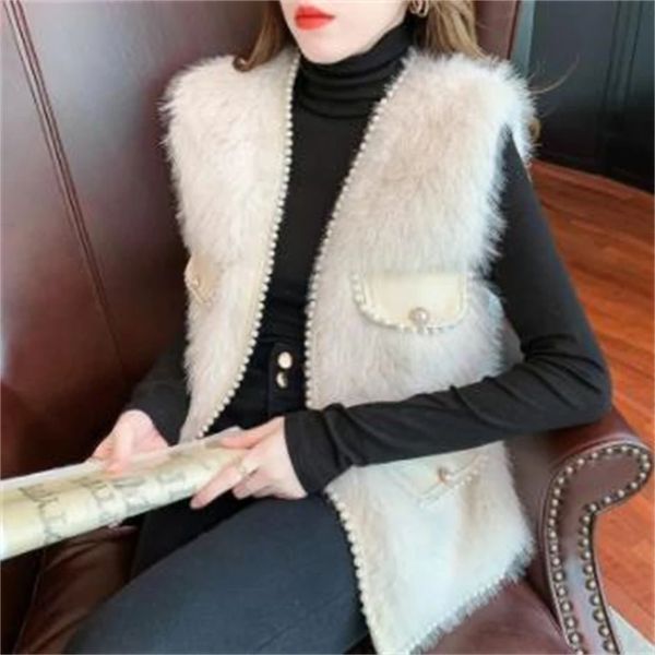 Kadınlar Kürk Faux Fur Kürek Taklit Kürk Yelek Sonbahar Kış Cep Boncuklu Kolsuz Kürk Ceket Artı Pamuk Ceket Lady Sıcak Yumuşak Out Giyim Yelek 231117