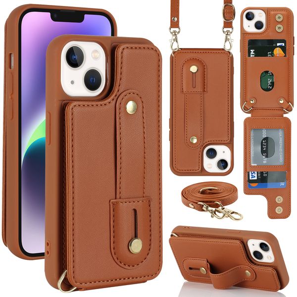 Für iPhone 14 Pro Max Phone Cases Crossbody PU Leder Kartensteckplätze Halter Handschlaufe Kickstand Cover für iPhone13 12 11 XR XS X 8 7 PLUS Armbandständer Conque