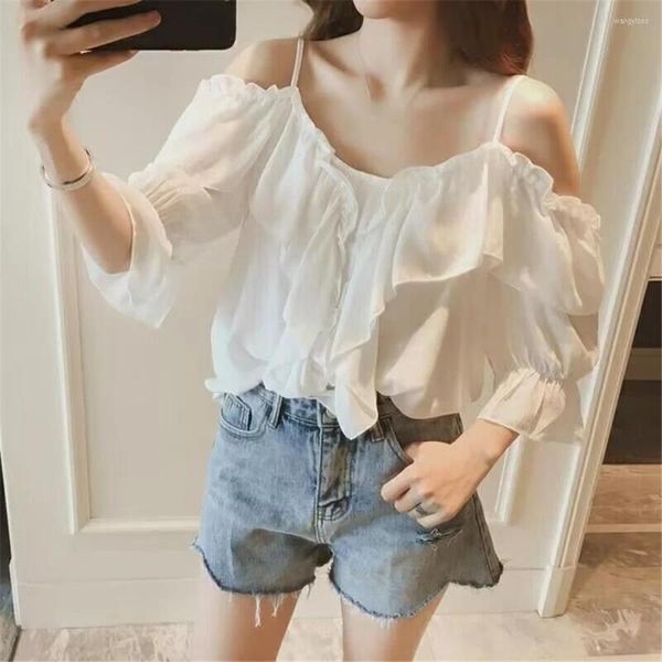 Damen Blusen 2023 Korean Fashion Sommer Schwarz Weiß Damen Rüschen Tops Schulterfrei Bluse Kurzarm Shirt Damen Lose Shirts