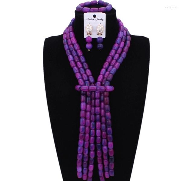 Collana Orecchini Set Dudo Gioielli Cristallo Matrimonio Nuziale 3 Strati Elegante Viola Blu Africano Nigeriano Perline Gioielli 2023