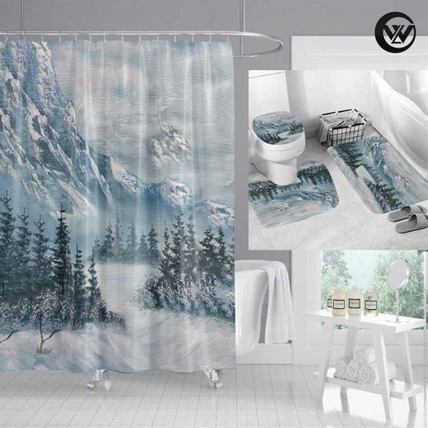 Tende da doccia Tenda da bagno di alta qualità Set Tappetino da bagno stampato Inverno Neve Paesaggio montano Tappeti da toilette per bagno Decorazioni per la casa241c