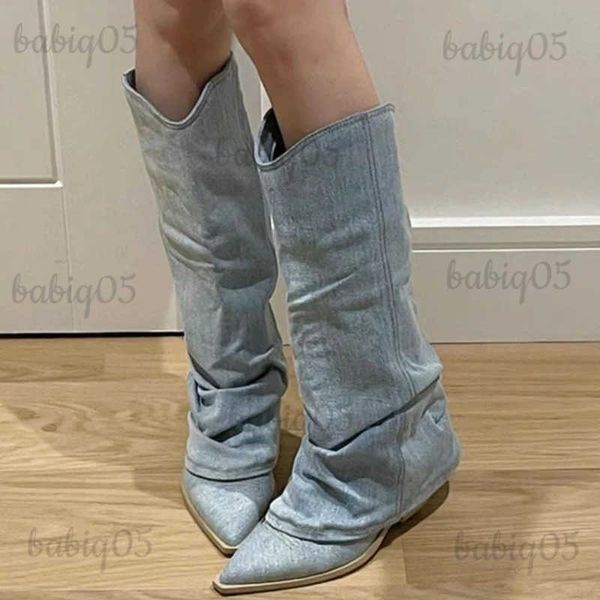 Botlar Vintage Piled Denim Diz-yüksek Botlar Kadınlar 2023 Sonbahar Slip-On Nimli Toe Uzun Bot Kadın Kalın Topuklu Batı Kovboy Köküsü T231117