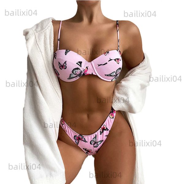 Kadın Mayo FS 2022 Yeni Seksi T Tarz Bikini Seti Brezilya Mayolar Mayo İki Parça Mayo Kıyafet Pembe Kelebek Baskı Yukarı Dalgası T230417