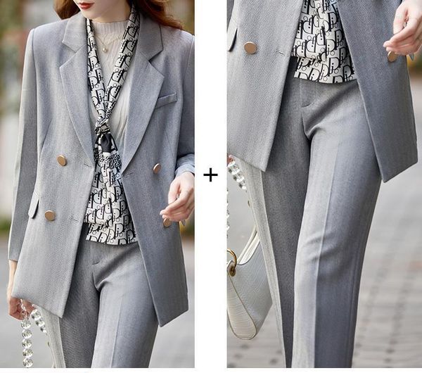 Женские брюки с двумя частями 2023 Корейская мода Тонкая беспрепятственная пиджак с длинным рукавом с двойным рукавом костюм для брюк весна