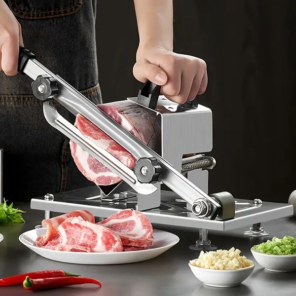 1 unidade, cortador manual de carne congelada, máquina cortadora de alimentos de aço inoxidável, cortador multifuncional ajustável de espessura de fatia para carne de carneiro rolo de salsicha vegetal