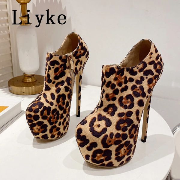 Sapatos de vestido Liyke 2024 Primavera Outono Leopard Imprimir Sapatos Mulheres Sexy Round Toe Zip Stripper Pole Dance Platform High Heels Bombas Tamanho 35-42 231116