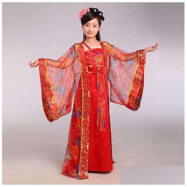 Stage Wear Q228 Bambini Costume tradizionale cinese Ragazza Principessa Abito da ballo reale Antica dinastia Tang Bambini Hanfu Nazionale 8 Drop D Dhnyi