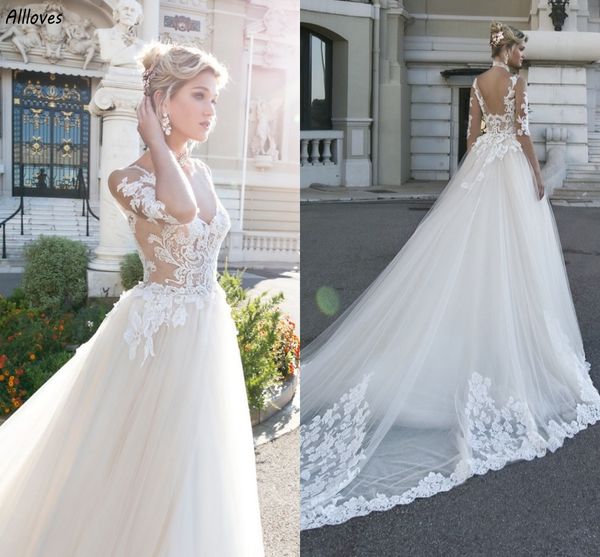 2024 Designer-Brautkleider aus Spitze in A-Linie, sexy V-Ausschnitt, rückenfrei, Boho-Garten-Brautkleider mit halben Ärmeln, romantischer Tüll, Hofschleppe, Roben für den zweiten Empfang CL2940