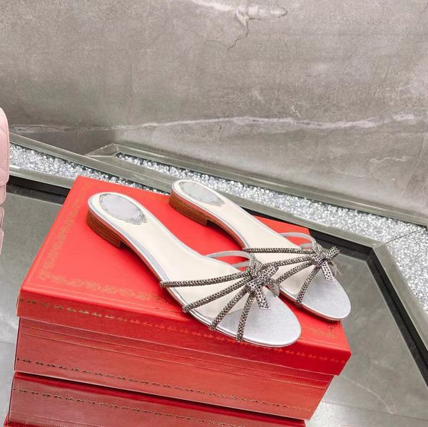 Rene Caovilla terlik Kadın düz dipli moda tasarımcısı yay düğüm taklidi dekoratif sandalet Düşük topuk hakiki deri büyük rahat plaj ayakkabısı oymak
