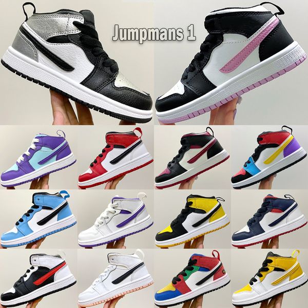 Jumpman 1 1s Mid Kids Basketball Shoes 2023 Aurora Green Multi-Color Bred Toe Arctic Pink Top 3 Чикагский университет Синие кроссовки для малышей Размер 22-37