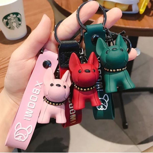 Chaveiros homens carro punk francês bulldog chaveiro pu couro cão chaveiros moda para mulheres saco pingente jóias trinket anel corrente 231117