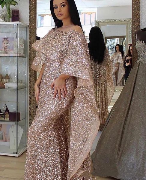 Arabisches Roségold-Meerjungfrau-Abschlussballkleid 2024 mit langem Cape-Wickel 2024 transparenter Ausschnitt mit glitzernden Pailletten für Damen, formelle Partykleider, Robe de Soiree, nach Maß