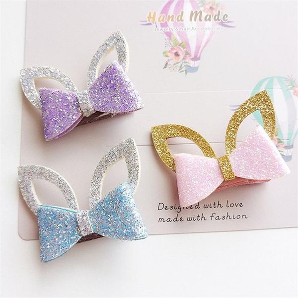 24pc / lotto Glitter feltro in pelle dorata neonate fermaglio per capelli orecchie di coniglio in argento Barrette per capelli simpatico animale principessa cravatte per capelli Hairband219V