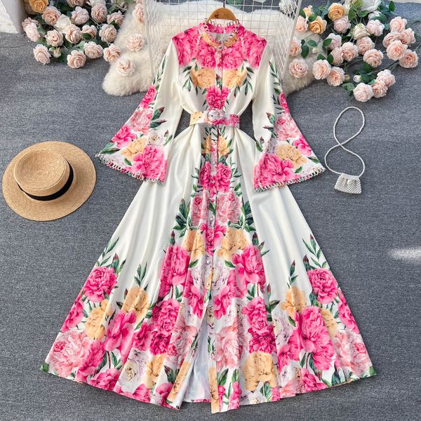 2024 Vestidos de festa Designer de passarela Fashion Fashion Vintage Floral Print Maxi Long Party Dresses Women Stand Collar Flare Sleeve Largo vestidos