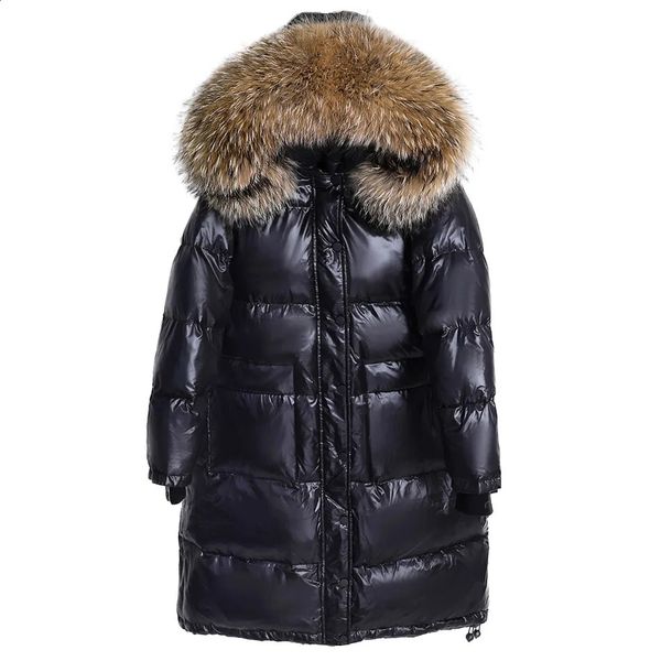 Piumino da donna Maomaokong Donna Inverno Nero Piumino lungo allentato Vera pelliccia di volpe Collo con cappuccio Cappotto extra large impermeabile moda femminile 231116