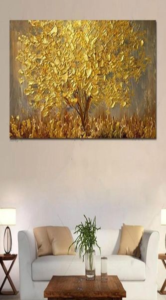 Árvores com folhas amarelas douradas paisagem pintura a óleo em tela moderna abstrata arte de parede fotos decoração de casa presentes decoração de parede8711718