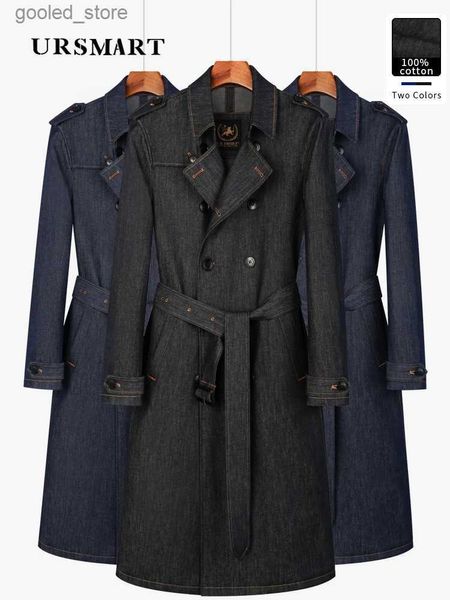 Trench da uomo in cotone incolore classico denim giacca a vento da uomo doppio petto extra lungo al ginocchio cappotto interno ispessito da uomo cappotto caldo Q231118