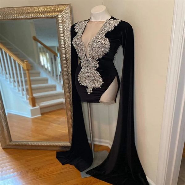 Sexy Schwarze Mädchen Kurzes Abendkleid Mit Langen Ärmeln O-ausschnitt Perlen Samt Cocktailparty Kleider 2023 Mantel Geburtstag Abendgarderobe Heimkehr Frauen Vestidos De Festa