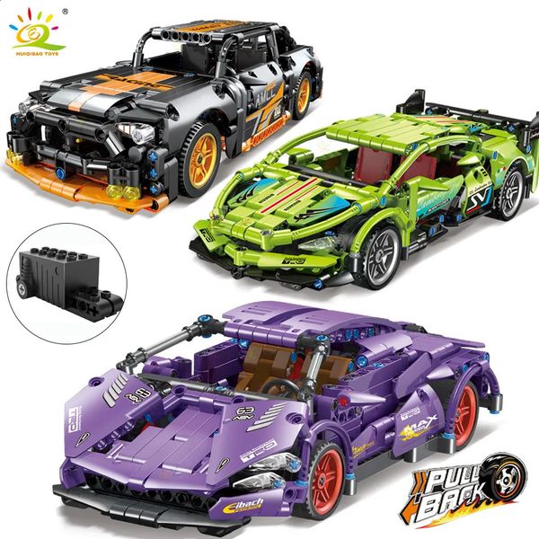 Blocchi HUIQIBAO Tecnico Super Racing Car Modello Building Blocks Automobile Tirare indietro DIY MOC Veicolo Mattoni Bambini Costruzione Giocattoli 231116