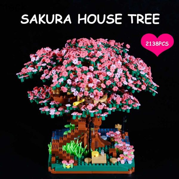 Blocks Bibilock 2138pcs Sakura House Tree Building Blocks Cheer Flower City Street View Series Assemblare Mattoni Decorazione Regalo per ragazza