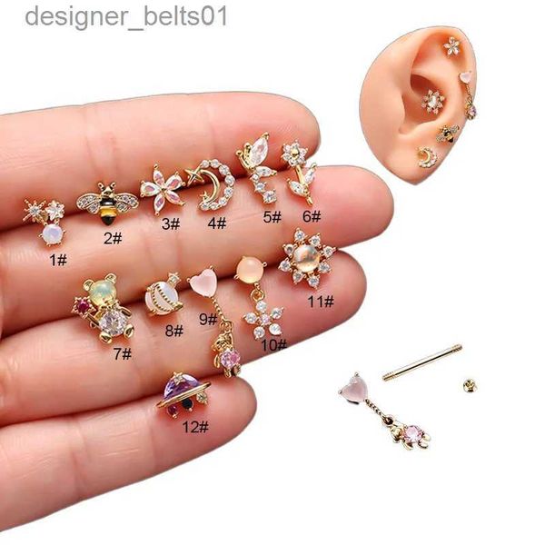 Stud 1 Stück 20G Edelstahl Piercing Bär Zirkon Ohrring für Frauen Koreanischer Schmuck Ohrstecker Bär Blume Baumeln Ohrringe für MädchenL231117