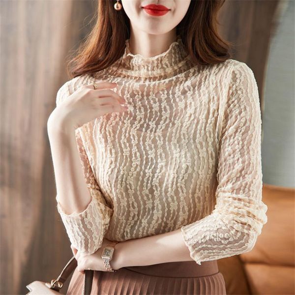 Damen Blusen Shirts Korean Style Chic Elegante Spitzenbluse Herbst Winter Langarm High Neck Pullover Damen Tops und Blusa Feminina
