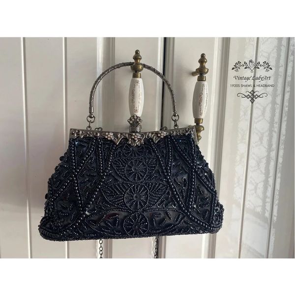 Vintage debriyaj el çantası boncuklu ve payet öpücük kapanan omuz çantası crossbody çıkarılabilir chainprom akşam partisi 231117