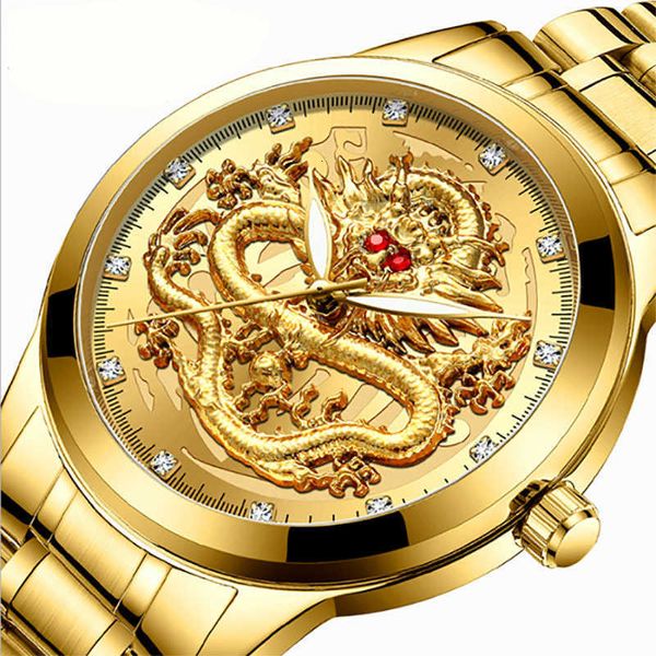 Orologio Golden Dragon da uomo, quadrante rosso, non meccanico, con diamanti intarsiati, alla moda per la mezza età e la vecchiaia