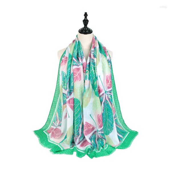 Schals 2023 Frühlings-großes Blatt-Muster-Goldfolie-Fransen-Schal-Schal-Frauen-weiche Blätter-Druck-Verpackungs-Hijab 6 Farbe