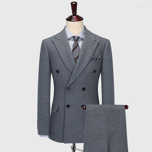 Abiti da uomo in lana doppio petto di alta qualità retrò grigio inverno addensare matrimonio caldo per uomo più blazer slim fit set di abiti da uomo