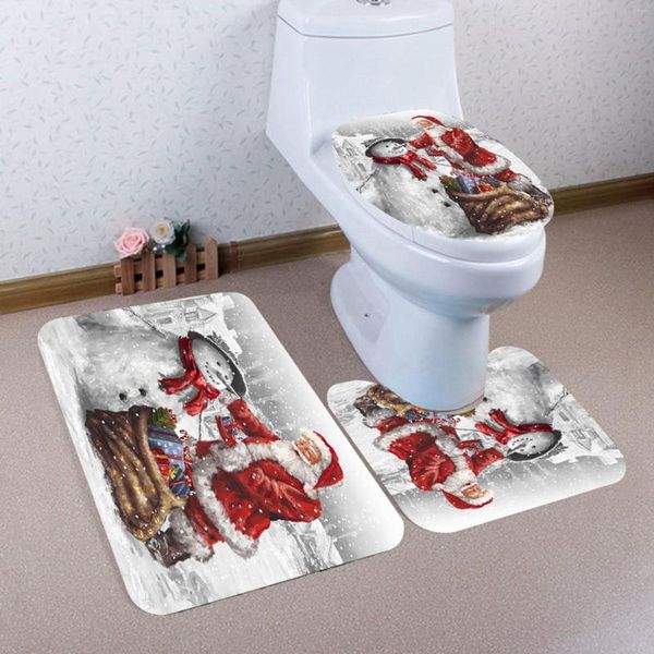 Coprisedili per WC Set di coperture natalizie 3D Babbo Natale Pupazzo di neve Stampa tappetino da bagno Kit tappeto contorno