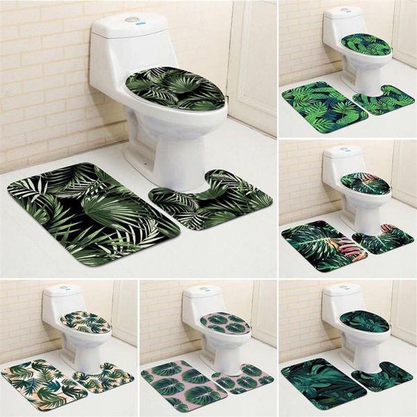 Set di 3 pezzi decorativi per bagno in stile verde foglia di pianta tropicale Set di 3 tappetini antiscivolo Coprivaso per WC Accessori da bagno eleganti ed eleganti 21292W