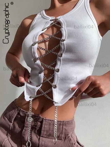 Tanques femininos Camis criptográfica de moda criptográfica sem mangas Lace Up Chain White Crops Tops para Women Club Party Backless Knit