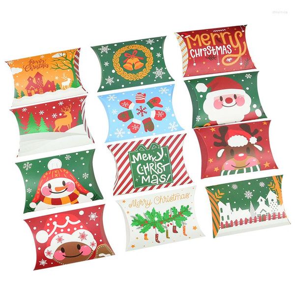 Enrolamento de presentes 12/24pcs Christmas Kraft Paper Pillow Box Santa Snowman Padrão Candy Favors Ano Navidad Party Supplies