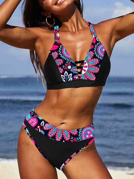 Женские купальники женский сексуальный подход к Criss-Cross Bikini Set Vintage Floral Beach Swimwear вырезал купальники Boho 2023