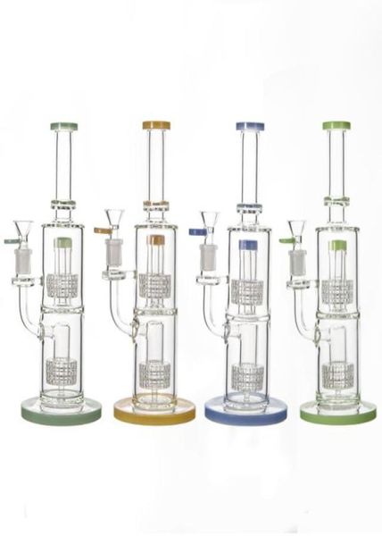 Doppio narghilè a matrice stereo Bong in vetro spesso da 11 pollici Tubi per acqua Birdcage Perc Colorato 14 mm Giunto Olio Dab Rigs Giallo Verde Blu8568985