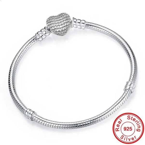 Armreif Big Sale Fine DIY Armband Armreif für Frauen Original 100% 925 Sterling Silber Herzverschluss Schlangenkette Fit Perlenarmband Schmuck 231116