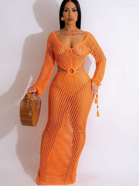 Повседневные платья вязание Crochet Hollow Out Maxi платье для женщин видят через длинные рукавы летняя пляжная одежда праздничная туника