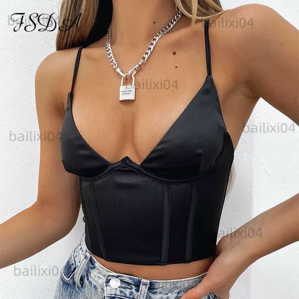 Damen Tanks Camis FSDA V-Ausschnitt ärmelloses Korsett Crop Top Schwarz Frauen 2021 Sexy Rückenfrei Sommer Casual Bustier Cami Spaghettiträger Tank Tops T230417