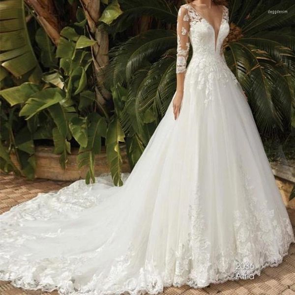 Платья для вечеринок 2023 Сексуальное белое свадебное платье с длинным рукавами глубокие v-образные кружевные аппликации