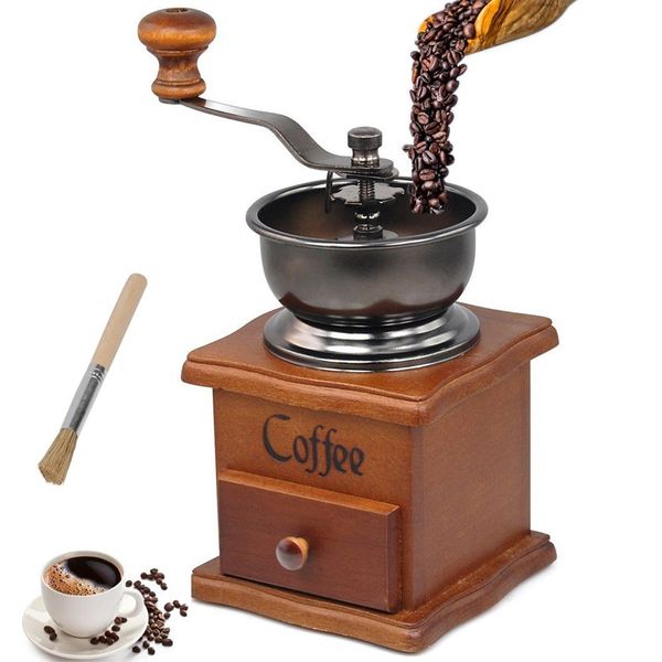Grinhador de café manual lmetjma retro manual moedor de café aço inoxidável moinho de cafeteira com limpeza de café Projeto de madeira Design de café 230417