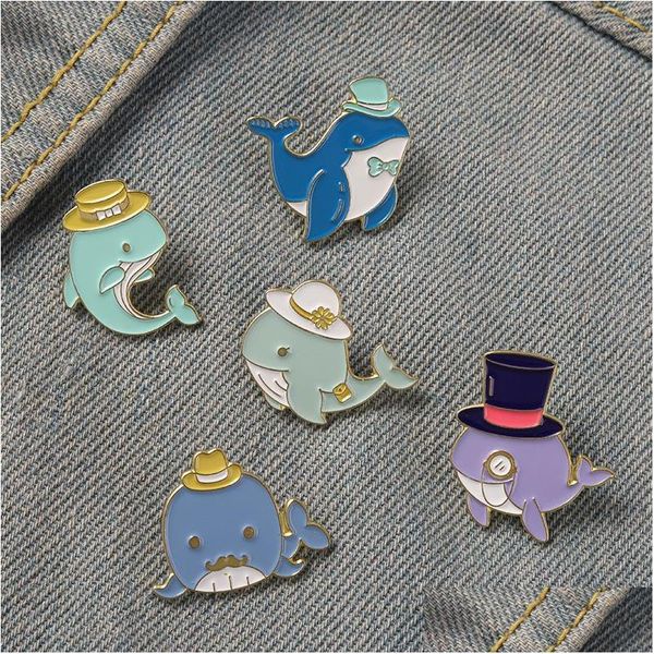 Cartoon Zubehör Meerestiere Emaille Pins Hai Wal Delphin mit Hut Brille Broschen Tasche Anstecknadel Abzeichen Männer Frauen Schmuck Geschenk F Dhoqy